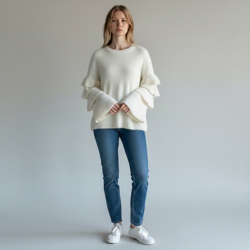 Lane Bryant Tiered Ruffle Sleeve Sweater Women’s 26/28‎ Plus Ivory Soft Knit